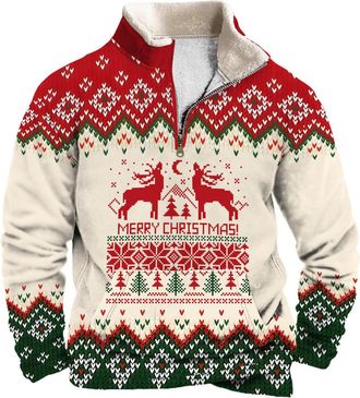 Generic Mens 1/4 Zip Christmas Sweatshirt Xmas Tree Pullover Ugly Christmas Jumper Long Sleeve Sweater Fleece Stand Collar Sweatshirts Reindeer Snowflakes Pri