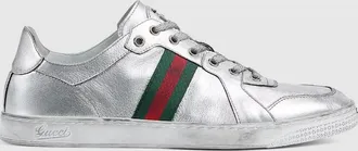Gucci Mens Stretch Low-top Sneaker, Silver, Leather