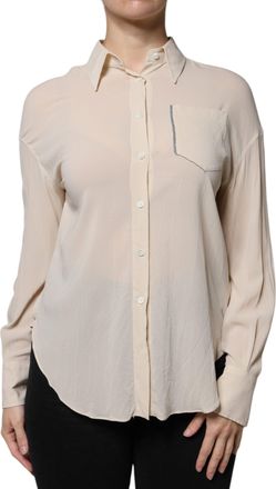 Brunello Cucinelli Beige Silk Blend Collared Button Down Womens Top (Pre-Owned)