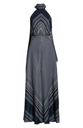Reiss Skylar High Neck Scarf Print Maxi Dress in Navy at Nordstrom, Size 10 Us