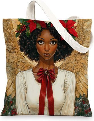 Generic Christmas Black Angel Canvas Tote Bag for Shopping 13x15, Xmas African American Reusable Grocery Print Bag for Women, Holiday New Year Beach Aesthetic