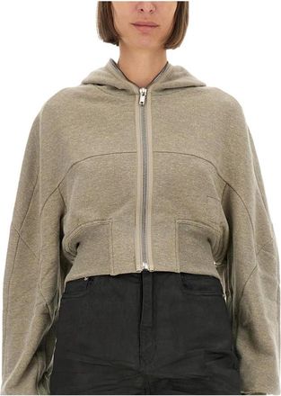 Rick Owens Cropped Drawstring Hoodie - Dames - Vesten met rits - Grijs - XS - Katoen - Hoodies & sweatvesten