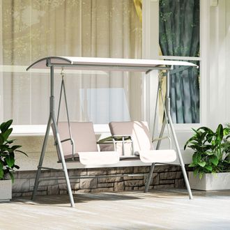 OUTSUNNY 2 Person Covered Patio Swing with Pivot Table & Storage Console Beige