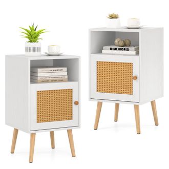 Costway Comodino 40 X 39 X 70 Cm, Comodino Con Ripiano Aperto E Anta Decorata In Rattan Pe, Gambe In Legno Massello (bianco, 2)