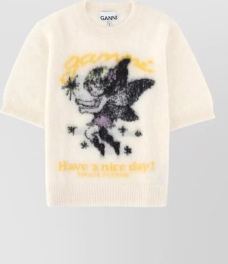 Ganni crew neck graphic print knit top