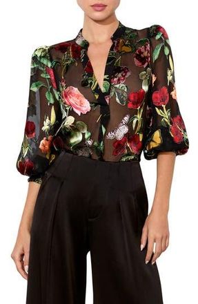 Alice & Olivia Sheila Floral & Butterfly Appliqu&eacute; Chiffon Top in In The Wind Floral at Nordstrom Rack, Size Medium