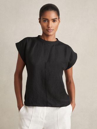 Reiss Black Linen-blend Cap-sleeve T-shirt, 8