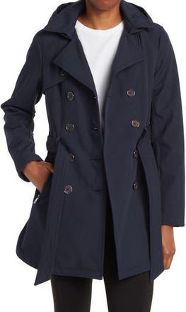 Sebby Water-Resistant Hooded Double-Breasted Trench Coat in Navy at Nordstrom Rack, Size X-Large
