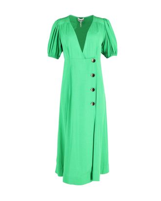 Ganni midi-wikkeljurk met pofmouwen in groene viscose