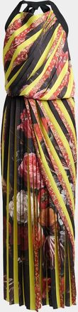 Dries Van Noten Darnot Mixed Print Pleated Halter Maxi Dress