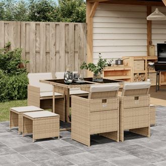 vidaXL Set Comedor De Jard&iacute;n 9 Pzas Con Cojines Rat&aacute;n Sint&eacute;tico Beige Vidaxl