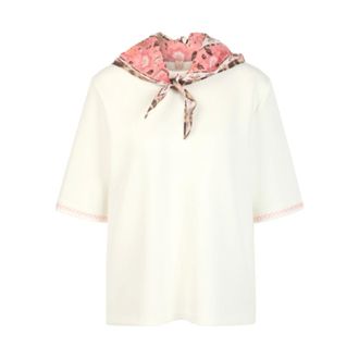 Marc Cain T-shirt met halflange mouwen en sjaaldetail bij de hals - Dames - Tops - Wit - Maat: 2XL Katoen
