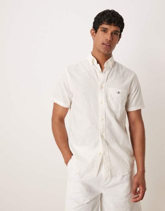 GANT Camicia in cotone e lino bianca a maniche corte con logo a scudo-Bianco