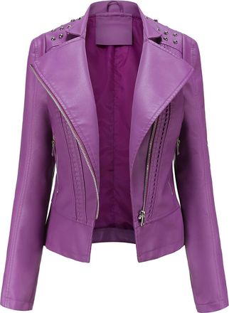 Generic Women Leather Jacket Faux Motorcycle Coat Short Lightweight Pleather Crop Coat Fashion ZIpper Casual Leather Jackets And Windbreaker Women Purple