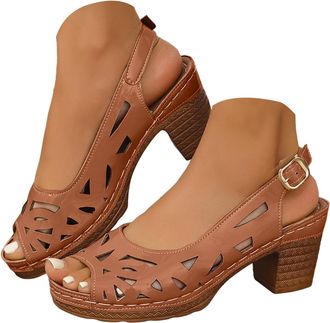 Generic Platform Wedge Sandals for Women 2026 Dressy Summer Hollow Out Open Toe Low Heel Ankle Strap Platform Sandals for Office Work Breathable Casual Vacati