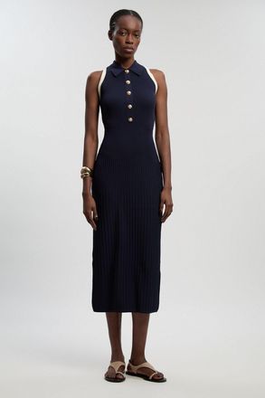 Karen Millen Womens Petite Rib Knit Military Colour Block Sleeveless Midi Dress - Navy Polyamide - Size X-Small