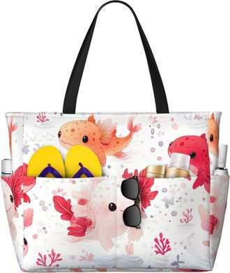Generic Cute Axolotl Print Large Beach Bag Foldable Travel Shoulder Tote Bag With Pocket For Weekender Pool Vacation