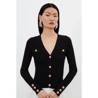 Karen Millen Viscose Blend Rib Military Trim Cardigan in Black at Nordstrom, Size X-Small