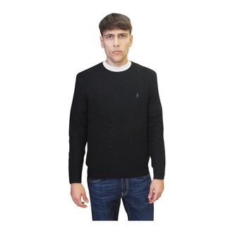 Ralph Lauren Truien & Vesten, Heren, Zwart, S, Wol, Kabel Gebreide Trui met Ronde Hals