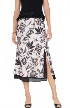 Current Air Floral Print Contrast-Hem Slit Midi Skirt In White Black