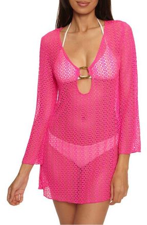 BECCA by Rebecca Virtue Metallic Long Sleeve Sheer Cover-Up Dress in Strawberry at Nordstrom, Size Medium