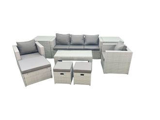 Fimous Rattan Garden Furniture Set 8 Seater Outdoor Garden Sofa Oblong Coffee Table Set with 2 Chairs 3 Stools 2 Side Tables Light Grey Mixed