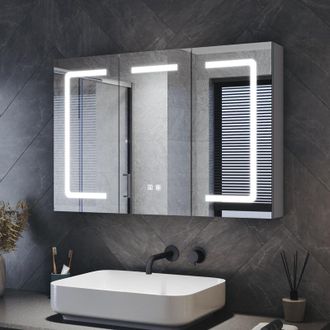 Elegant Lighting LED Three-Door Bathroom Mirror Cabinet with Shaver Charging Socket, Dimmable LED Lighting, Anti-Fog, Large Size & Capacity, Moroccan Gray