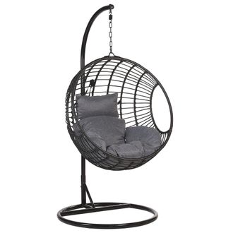 Beliani Beliani - Silla Colgante De Rat&aacute;n Cesta Redonda Negra Con Cojines Y Marco De Metal Estilo Boho Aspio