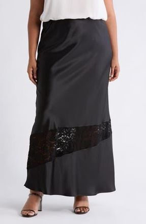 Renee C Lace Trim Satin Maxi Skirt in Black at Nordstrom Rack, Size 1X