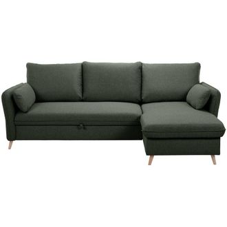 Miliboo Divano ad angolo convertibile reversibile con vano portaoggetti 3-4 posti in tessuto verde cachi e legno chiaro DRISS