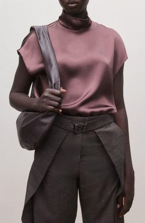 Mango Mock Neck Silk Satin Top in Purple at Nordstrom, Size 4