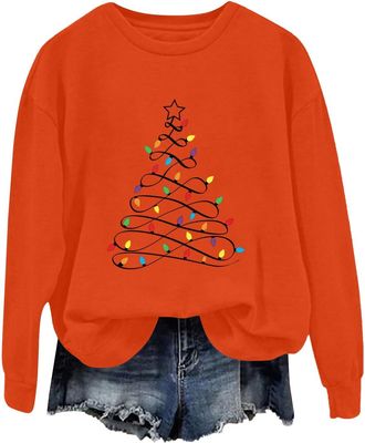 Generic Womens Christmas Jumper, Tree Graphic Print Xmas Sweatshirt Soft Crewneck Long Sleeve Funny Christmas Tops for Women Orange