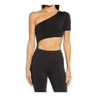 Alo Yoga Body Wave Stretch Cutout One Shoulder One Piece Bodysuit in Black