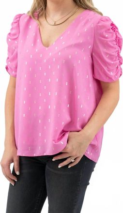 Adrienne Ruched Sleeve V-Neck Barbie Top In Pink
