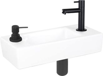 Differnz Sapon fonteinset - 42.5x18.5x9cm - Rechthoek - 1 kraangat - Zwart mat - Keramiek Wit