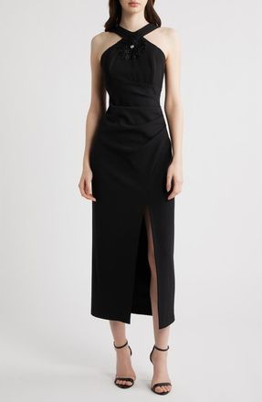 Eliza J Halter Neck Ruched Cocktail Dress in Black at Nordstrom, Size 14