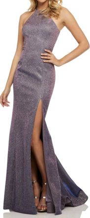 Sherri Hill Glittered Sleeveless Halter Neck Long Gown In Electric Purple