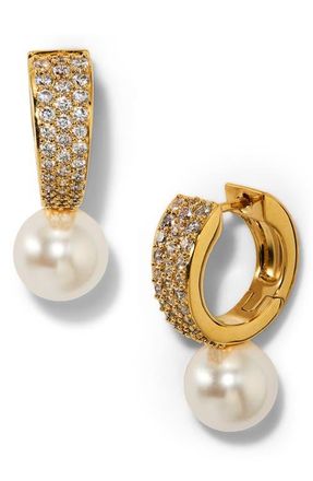 Nadri Under the Sea Cubic Zirconia & Faux Pearl Huggie Hoop Earrings in Gold at Nordstrom