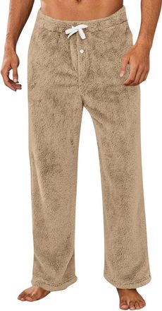 Generic Mens Thermal Pyjama Bottoms Fluffy Plain Loungewear Bottoms with Pockets Warm Sleepwear Elastic Waist Straight Leg Lounge Pants Home Nightwear Drawstr