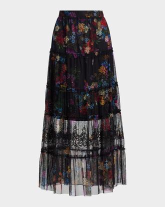 Johnny Was Mazzy Tiered Floral-Print Maxi Skirt