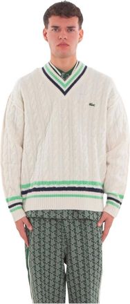 Lacoste Truien & Vesten, Heren, Wit, XL, Wol, V-hals Kabel Gebreide Wollen Trui
