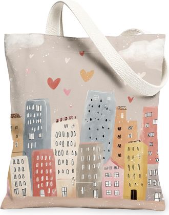 Generic Cityscape Canvas Tote Bags, Artistic Buildings Heart Pattern Reusable Grocery Bags, Vintage Lightweight Washable Shoulder S, Beige, 13x15 Inch
