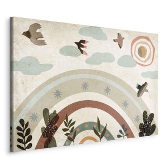 OEM Pintura - Arco&iacute;ris Y El Sol Arriba - P&aacute;jaros En Colores Apagados Volando Entre Las Nubes Sobre El Arco&iacute;ris Y Diversas Plantas Sobre Un Fondo Claro / P