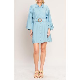 Flying Tomato Lace Panel Long Sleeve Belted Shirtdress in Light Blue at Nordstrom Rack, Size Medium