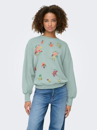 Only Sweatshirt ONLY ONLBROOKE L/S O-NECK FLOWER SWT, Damen, Gr. 3XL, jadeite print:autumn flowers, Sweatware, Obermaterial: 60% Baumwolle, 40% Polyester, 