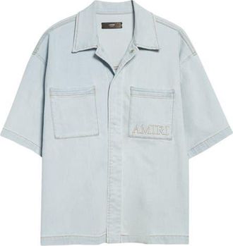 Amiri 3D Logo Short Sleeve Snap-Up Denim Shirt in Light Indigo at Nordstrom, Size Xx-Large
