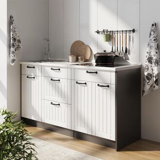 Vicco Cucine Componibili Piccole Fame-line, Bianco Rustico, 150 Cm, Pl Antracite, Vicco