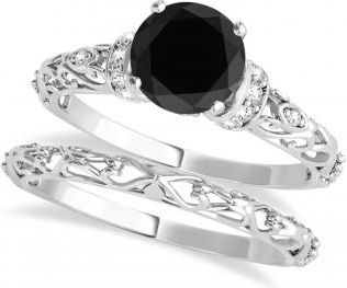 Allurez Black Diamond & Diamond Antique Style Bridal Set Platinum (1.12ct)