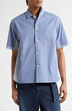 sacai Mixed Stripe Cotton Poplin Button-Up Shirt in Blue Stripe at Nordstrom, Size 2