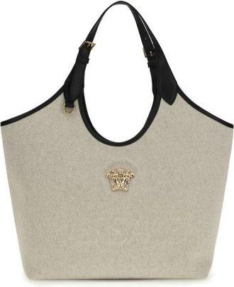 Versace Schoudertas van katoen met klepsluiting - Dames - Shoppers - Beige - ONE Size - Katoen - Tassen